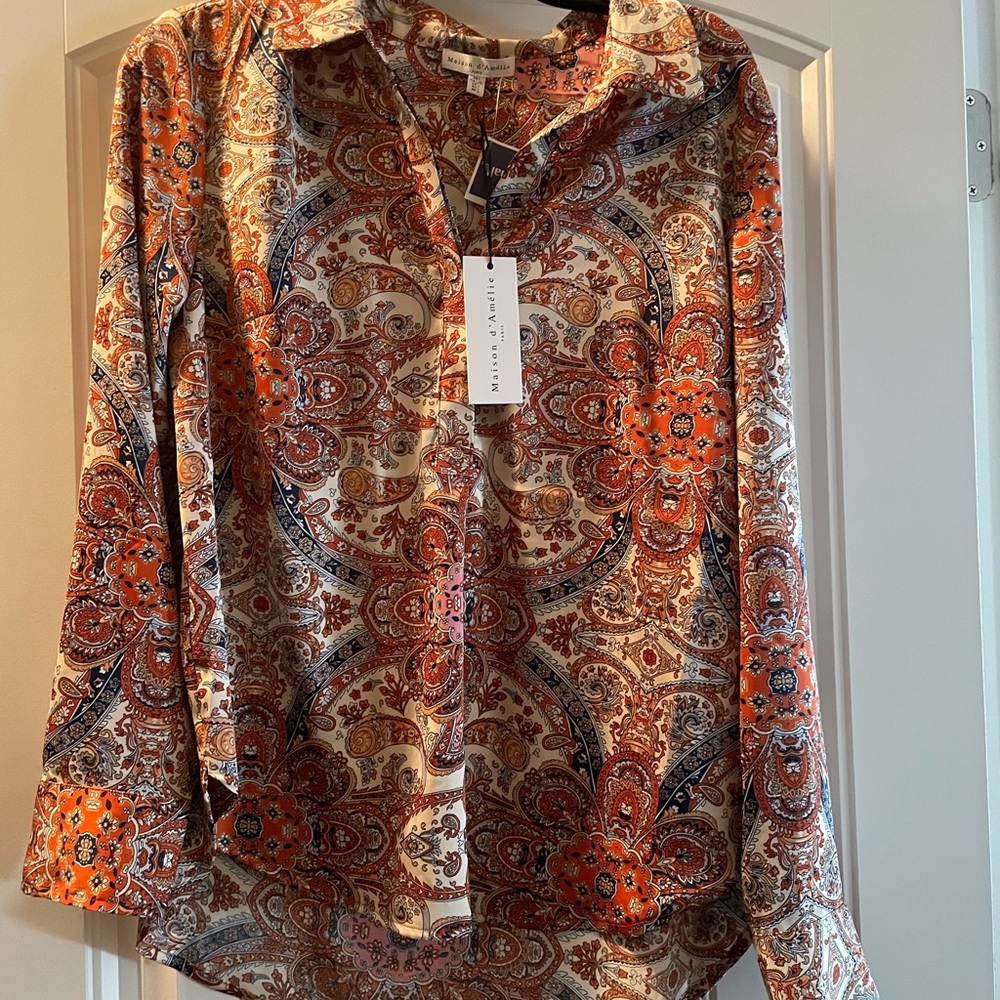 Orange and Cream Notched Collar Buttoned Blouse